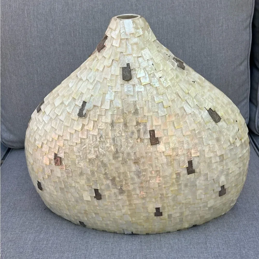 Artisan Mother Of Pearl And Pen Shell Inlaid Vase Size 16 x 17 in